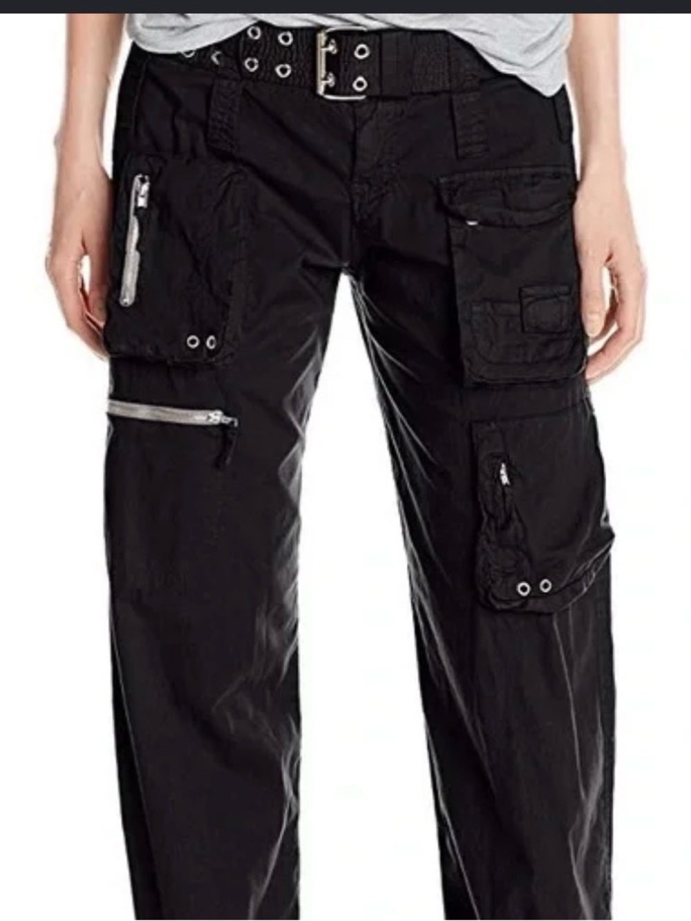 Johnny Was Navy Blue Cargo Pants with Grommet Belt Accent
